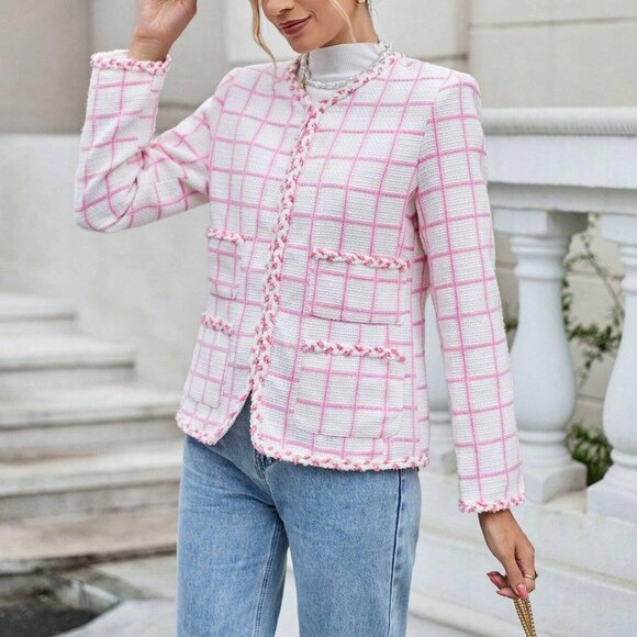 Pink Trendy Womens Plaid Print Open Front Pocket Patched Overcoat - Picture 5 of 5